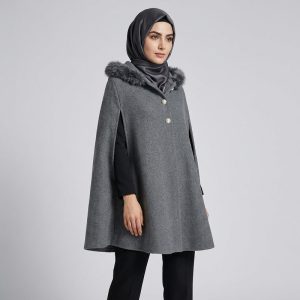 پانچو کلاه دار بافت ماهان با دکمه زنانه مدل نیلان کد 405