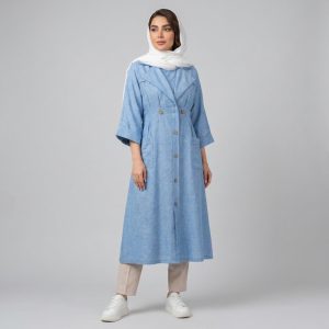 مانتو زنانه بلند آستین سه‌ربع جلو بسته مدل لینن