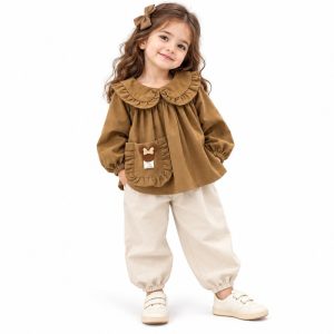 ست بلوز و شلوار دخترانه کتان طرح عروسکی مدل 628