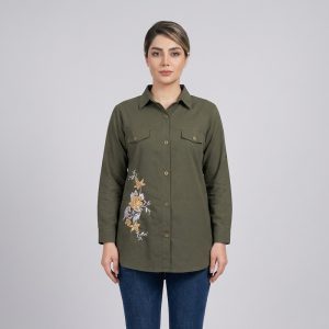 شومیز زنانه لینن آستین بلند با پنج دکمه مدل گلدوزی