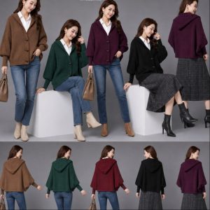 ژاکت زنانه بافت کیمونو مدل ساده کلاه‌دار با دکمه