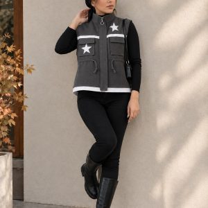 وست زنانه لینن طرح ستاره یقه ایستاده