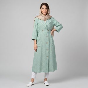 مانتو زنانه بلند آستین سه‌ربع جلو بسته مدل لینن